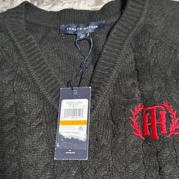 Tommy Hilfiger Black V-Neck Sweater with Striped Sleeves - Picture 2 of 3